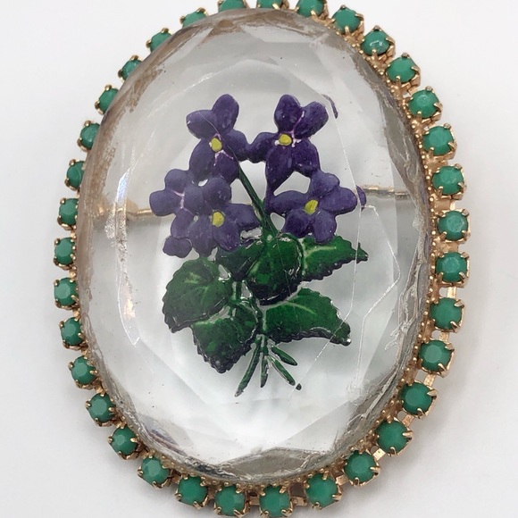 Vintage Reverse Hand Painted Glass Rhinestone Pin - Picture 3 of 9